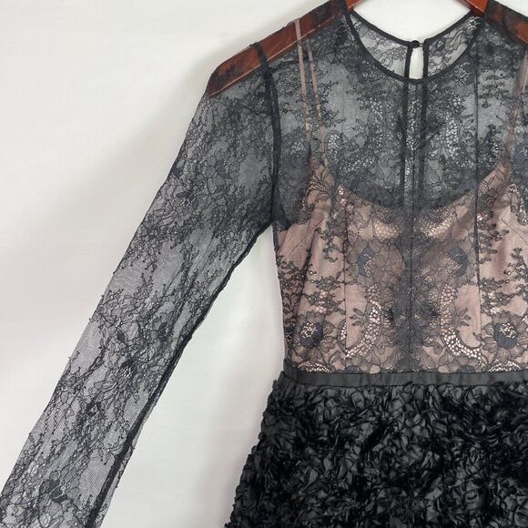 nha khanh Angelica Lace Swan Long Sleeve Crewneck Mini Dress Black 0 - Picture 7 of 10